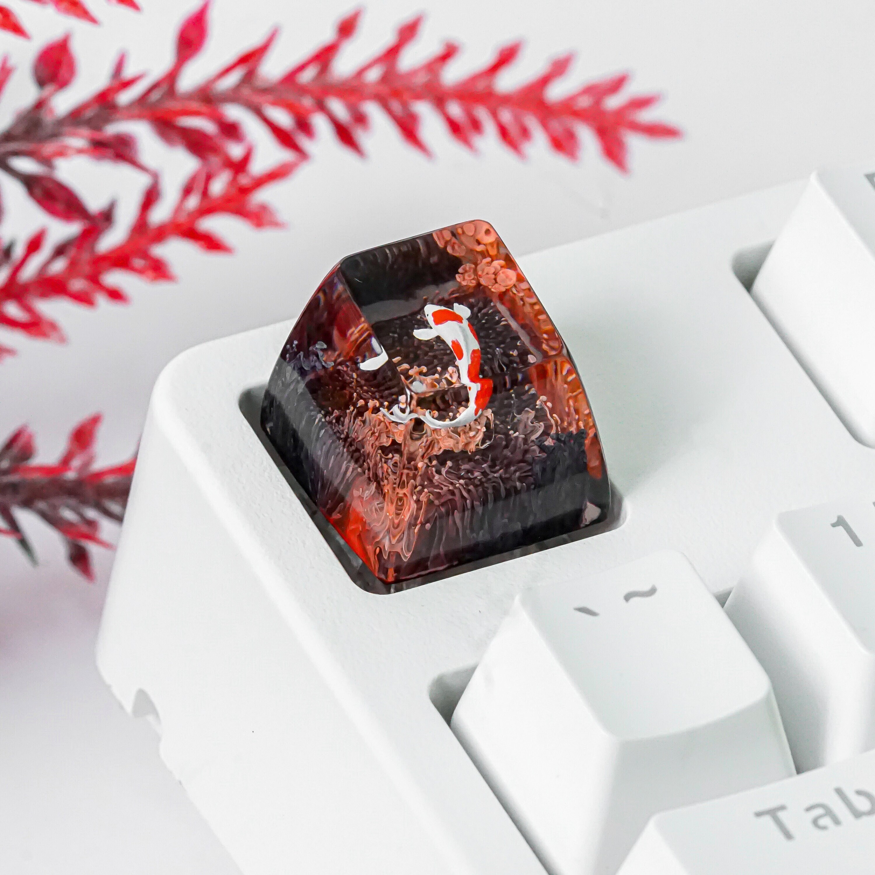 Koi Fish Keycap, Red & Black Coral, Artisan Keycap, Japanese Koi, Keycap for MX Cherry Switches Mechanical Keyboard, Handmade Gift